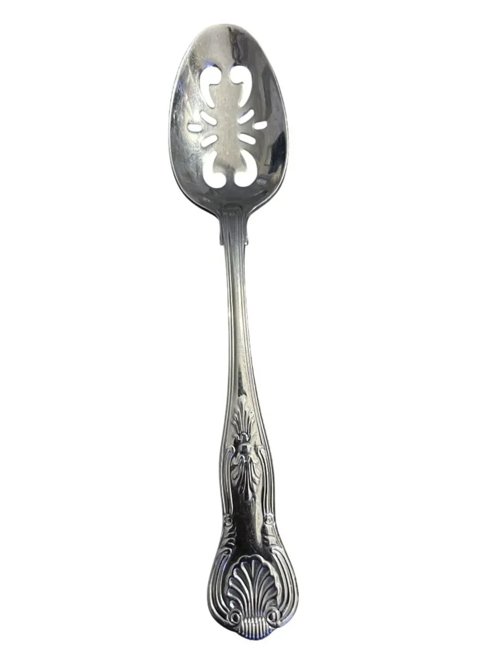 Vintage Silver-Plated Pierced Serving Spoon With Ornate Shell & Floral Handle De